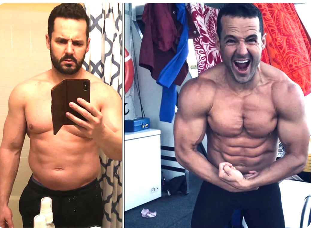 Rod Stuart before and after photo flexing